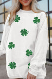 White Sequin Clover Patched Drop Shoulder Corded Sweatshirt