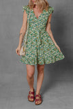 Green Flower Print Flutter Sleeve V Neck Sashed Ruffled Mini Dress