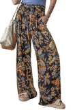 Multicolour Floral Shirred High Waist Wide Leg Pants with Tie