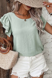 Clearly Aqua Solid Color Ruffled Short Sleeve Casual Blouse