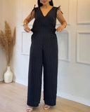 Striped V Neck Sleeveless Casual Tied Detail Shirred Cinch Jumpsuit