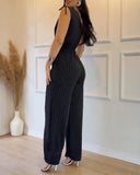 Striped V Neck Sleeveless Casual Tied Detail Shirred Cinch Jumpsuit