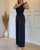 Striped V Neck Sleeveless Casual Tied Detail Shirred Cinch Jumpsuit