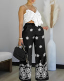 2 Pieces Outfit Embroidered Bow Strap Top with Zipper Back and Tribal Print Wide Leg Pants Set