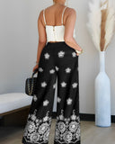 2 Pieces Outfit Embroidered Bow Strap Top with Zipper Back and Tribal Print Wide Leg Pants Set