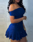 Glitter Off Shoulder Waist Mini Dress Casual Slim Fir Ruffles Party Dress