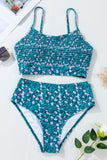 Blue Floral Print Smocked Cute Bikini Set