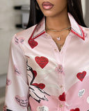 Colorblock Heart Letter Print Buttoned Top