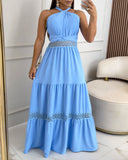 Contrast Lace Waist Hollow Out Maxi Dress Casual Halter Tied Detail Back Shirred Flared Dress