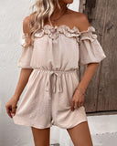 Off Shoulder Short Sleeve Frill Hem Tied Detail Romper
