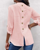 V Neck Roll Up Sleeve Back Button Blouse Casual Top with Pocket