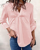 V Neck Roll Up Sleeve Back Button Blouse Casual Top with Pocket