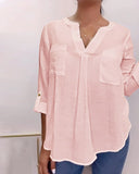 V Neck Roll Up Sleeve Back Button Blouse Casual Top with Pocket