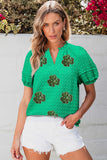 Bright Green Sequin Clover Textured Puff Sleeve Notch Neck Blouse