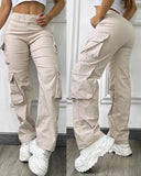 High Waist Side Cargo Pockets Straight Leg Pants Casual Loose Fiit Cargo Pants