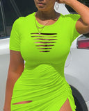 Ladder Cutout Drawstring Ruched High Slit Dress