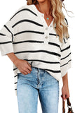White Stripe Henley Buttoned Placket Drop Shoulder Bracelet Sleeve Knit Sweater Tee