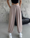 High Waist Elastic Dtrawstring Cuffed Pants Casual Loose Fit Ruched Pants
