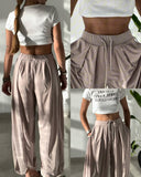 High Waist Elastic Dtrawstring Cuffed Pants Casual Loose Fit Ruched Pants