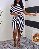 Striped Print Ruched Slit Casual Dress