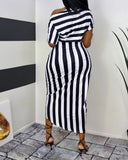 Striped Print Ruched Slit Casual Dress