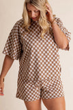 Brown Plus Size Checkerboard Print Side Slim Tee Shorts Set