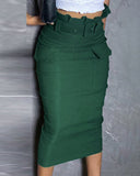 Ruffles Hem Mid Calf Slim Fit High Waist Pencil Skirt Elegant Skirt