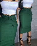 Ruffles Hem Mid Calf Slim Fit High Waist Pencil Skirt Elegant Skirt