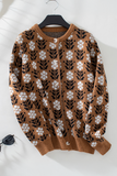 Coffee Floral Print Ribbed Trim Buttoned Cardigan