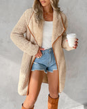 Contrast Binding Lapel Teddy Coat Open Front Longline Winter Outwear Jackets with Pockets