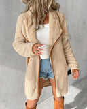 Contrast Binding Lapel Teddy Coat Open Front Longline Winter Outwear Jackets with Pockets