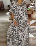 Leopard Print Turn down A Line Long Sleeve Front Button Shirt Dress Casual Dress