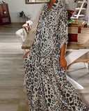 Leopard Print Turn down A Line Long Sleeve Front Button Shirt Dress Casual Dress