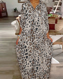 Leopard Print Turn down A Line Long Sleeve Front Button Shirt Dress Casual Dress