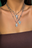 Silvery Western Steer Cactus Pendant Adjustable Multi Layer Necklace