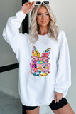 White Floral Rabbit with Glasses Graphic Corded Easter Sweatshirt