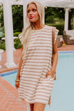 Khaki Stripe Round Neck Sleeveless Casual Pocketed Mini Dress