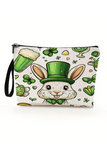 Green St Patricks Pattern Print Zipper Wristlet Canvas Makeup Bag