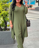 2PCS V Neck Sleeveless Jumpsuit & Open Front Longline Cardigan Coat Set