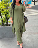 2PCS V Neck Sleeveless Jumpsuit & Open Front Longline Cardigan Coat Set