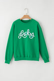 Green LUCKY Aphabet Chenille Embroidered Pullover Sweatshirt