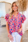 Rose Red Abstract Print Ruffled Sleeve V Neck Blouse