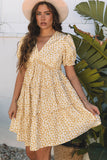 Yellow Floral Short Sleeve V Neck Frilly Tiered Mini Dress