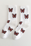 White Butterfly Pattern Ribbed Edge Soft Crew Socks