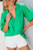 Green Flower Embroidered Hollow-out Puff Sleeve Blouse