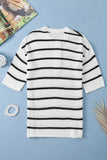 White Stripe Henley Buttoned Placket Drop Shoulder Bracelet Sleeve Knit Sweater Tee