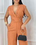 Deep V Short Sleeve Front Button Criss Cross Wide Leg Jumpsuit Elegant Overall