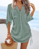 V Neck Roll Up Sleeve Hollow out Drawstring Mini Dress Vacation Dress