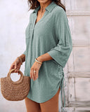 V Neck Roll Up Sleeve Hollow out Drawstring Mini Dress Vacation Dress