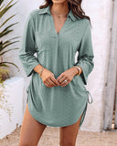 V Neck Roll Up Sleeve Hollow out Drawstring Mini Dress Vacation Dress